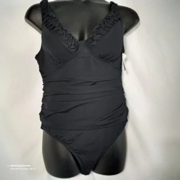 Jantzen Other - Jantzen Modest Ruched Slimming 1 Pc V-Neck Padded Bust Black Swimsuit NWT 16